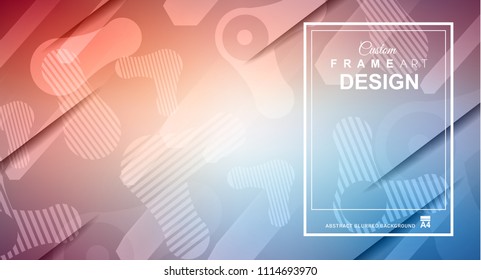 Abstrakter, geometrischer, bunter Hintergrund mit hohen gesättigten Farbverläufen und unterschiedlicher geometrischer Form mit Rahmenvorlage. Decken- oder Flyer-Layout mit freiem Textbereich.