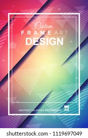 Abstract Geometric colorful background with high saturated gradients and different geometrical shape with frame template. Cover or Flyer layout with free space for text.