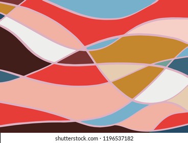 Abstract geometric colorful background with irregular wavy lines and shapes. Scarf style. Background non-seamless pattern for labels and packaging. Bright colors - red, pink, blue , yellow. 60s retro 