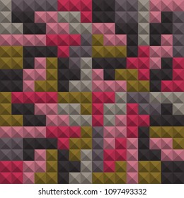 Abstract geometric colorful background, Tetris game, Brick pieces, Seamless pattern, Vector illustration. 3d texture. Pink, green, brown, purple, gray, black.