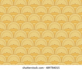 Abstract geometric colorful fish scale shape pattern. Vector golden doodle hand drawn seamless background. Design template for seasonal greeting cards, surface textures.