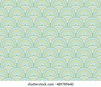 Abstract geometric colorful fish scale shape pattern. Vector green doodle hand drawn seamless background. Design template for seasonal greeting cards, surface textures.