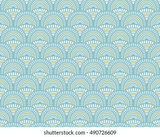 Abstract geometric colorful fish scale shape pattern. Vector doodle hand drawn seamless background. Design template for seasonal greeting cards, surface textures.