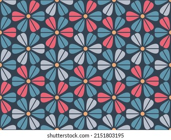 Resumen del patrón de flores geométricas coloridas sobre fondo negro.