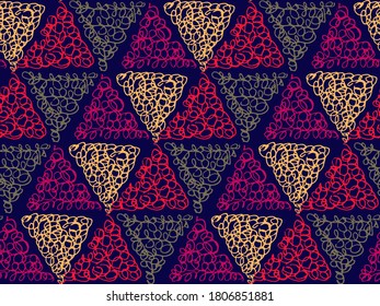 Abstract geometric colorful hand-drawn triangles seamless pattern. Vector doodle background.
