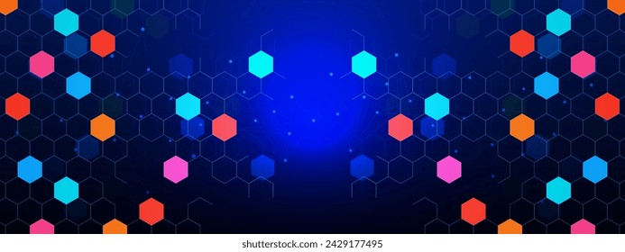 Abstract geometric with colorful hexagons pattern and connecting the dots lines on dark blue background. Medical, science and technology concept design. Vector illustration.