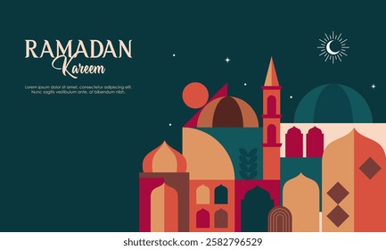 Abstract Geometric Colorful Islamic Ramadan Kareem Mosque. Modern Flat Illustration of Ramadan Mosque Design Concept for Landing Page, Background, Banner, Wallpaper, Card, Invitation, and Many More. 
