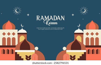 Abstract Geometric Colorful Islamic Ramadan Kareem Mosque. Modern Flat Illustration of Ramadan Mosque Design Concept for Landing Page, Background, Banner, Wallpaper, Card, Invitation, and Many More. 