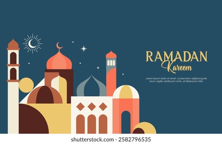 Abstract Geometric Colorful Islamic Ramadan Kareem Mosque. Modern Flat Illustration of Ramadan Mosque Design Concept for Landing Page, Background, Banner, Wallpaper, Card, Invitation, and Many More. 