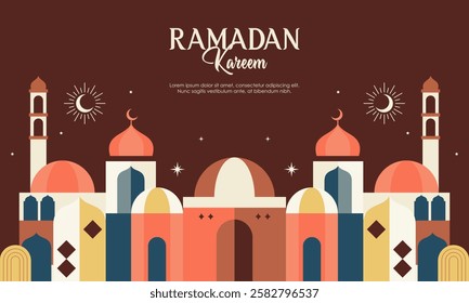 Abstract Geometric Colorful Islamic Ramadan Kareem Mosque. Modern Flat Illustration of Ramadan Mosque Design Concept for Landing Page, Background, Banner, Wallpaper, Card, Invitation, and Many More. 