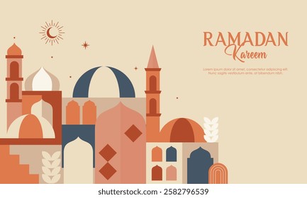 Abstract Geometric Colorful Islamic Ramadan Kareem Mosque. Modern Flat Illustration of Ramadan Mosque Design Concept for Landing Page, Background, Banner, Wallpaper, Card, Invitation, and Many More. 