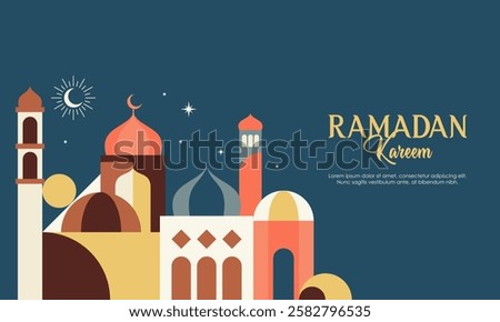 Abstract Geometric Colorful Islamic Ramadan Kareem Mosque. Modern Flat Illustration of Ramadan Mosque Design Concept for Landing Page, Background, Banner, Wallpaper, Card, Invitation, and Many More. 
