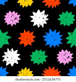Abstract geometric colorful pastel shape seamless pattern with colored star. Seamless old texture cartoon background, simple random shapes in bright party colors. Vector vintage illustration.