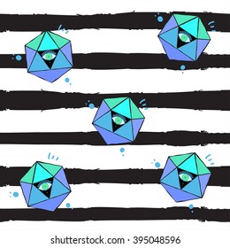 Abstract geometric colorful pattern. Sacred geometry Platonic solid on striped background. Colorful Third Eye representation. Hand made look. For fashion designs, textiles, paper and wallpapers. 