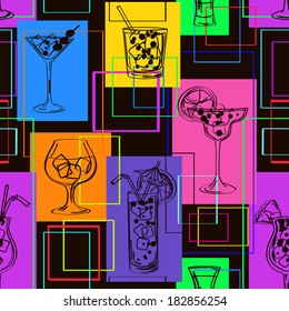 Abstract geometric colorful seamless pattern of hand drawn sketch cocktails