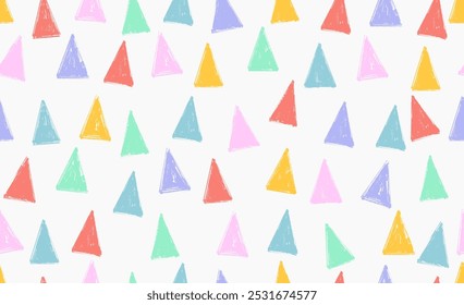 Abstrato geométrico colorido padrão contínuo. Triângulos vetoriais azuis, vermelhos, cor-de-rosa, amarelos, verdes sobre um fundo branco. Padrão contínuo escova seca pintado triângulos. Padrão de estilo infantil irregular.