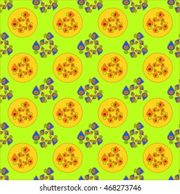 Abstract geometric colorful seamless pattern on yellow-green background.