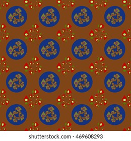 Abstract geometric colorful seamless pattern on dark brown background.