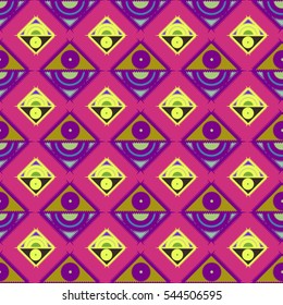 Abstract geometric colorful seamless pattern for background. Decorative backdrop can be used for wallpaper, pattern fills, web page background, surface textures. Old vintage retro energy pattern.