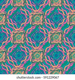 Abstract geometric colorful seamless pattern for background. Decorative backdrop can be used for wallpaper, pattern fills, web page background, surface textures. Old vintage retro energy pattern.