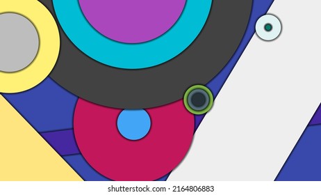 Abstract geometric colorful vector background in Material design style with concentric circles and rotated rectangles with shadows, imitating cut paper.