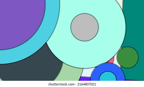 Abstract geometric colorful vector background in Material design style with concentric circles and rotated rectangles with shadows, imitating cut paper.