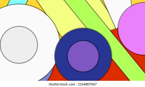 Abstract geometric colorful vector background in Material design style with concentric circles and rotated rectangles with shadows, imitating cut paper.