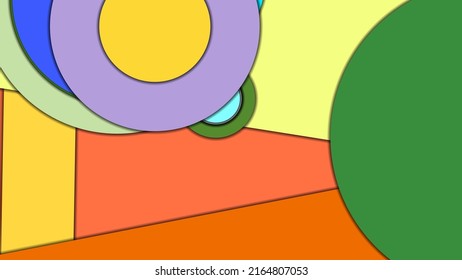 Abstract geometric colorful vector background in Material design style with concentric circles and rotated rectangles with shadows, imitating cut paper.