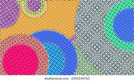 Abstract geometric colorful vector background in color halftone design style with concentric circles and rotated rectangles.