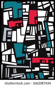 Abstract geometric coloured background. Resembles a complicated structure.

