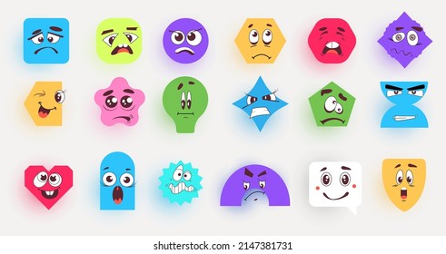 Abstract geometric comic shapes, cute doodle characters. Cartoon clip art mascot characters with funny retro faces. Geometric cartoon doodle. Set emoticons. Emotional caricatures with eyes and mouth.