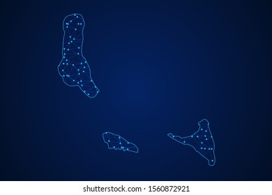 Abstract geometric of Comoros map polygonal line, structure and point scales on blue dark background with lights and dots. Vector illustration eps 10.