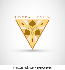 Abstract geometric company logo triangle, arrow icon. Business symbol emblem, label. Isolated triangle element. Vector ornament, simple pattern 