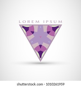 Abstract geometric company logo triangle, arrow icon. Business symbol emblem, label. Isolated triangle element. Vector ornament, simple pattern 