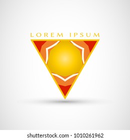 Abstract geometric company logo triangle, arrow icon. Business symbol emblem, label. Isolated triangle element. Vector ornament, simple pattern 