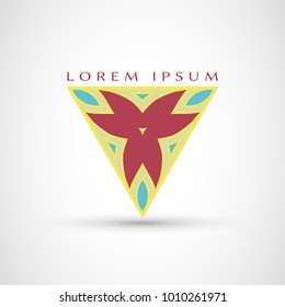 Abstract geometric company logo triangle, arrow icon. Business symbol emblem, label. Isolated triangle element. Vector ornament, simple pattern 