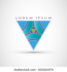 Abstract geometric company logo triangle, arrow icon. Business symbol emblem, label. Isolated triangle element. Vector ornament, simple pattern 
