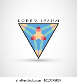 Abstract geometric company logo triangle, arrow icon. Business symbol emblem, label. Isolated triangle element. Vector ornament, simple pattern 