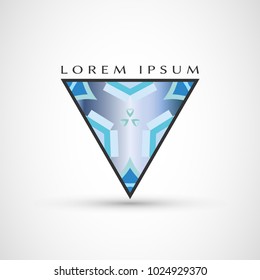 Abstract geometric company logo triangle, arrow icon. Business symbol emblem, label. Isolated triangle element. Vector ornament, simple pattern 