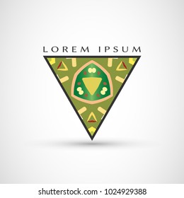 Abstract geometric company logo triangle, arrow icon. Business symbol emblem, label. Isolated triangle element. Vector ornament, simple pattern 