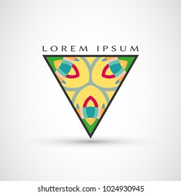 Abstract geometric company logo triangle, arrow icon. Business symbol emblem, label. Isolated triangle element. Vector ornament, simple pattern 