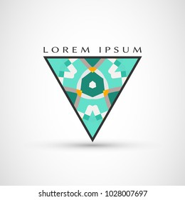Abstract geometric company logo triangle, arrow icon. Business symbol emblem, label. Isolated triangle element. Vector ornament, simple pattern 