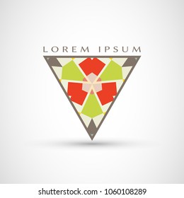 Abstract geometric company logo triangle, arrow icon. Business symbol emblem, label. Isolated triangle element. Vector ornament, simple pattern 