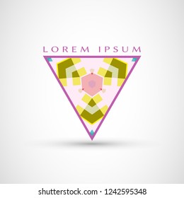 Abstract geometric company logo triangle, arrow icon. Business symbol emblem, label. Isolated triangle element. Vector ornament, simple pattern 