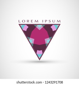 Abstract geometric company logo triangle, arrow icon. Business symbol emblem, label. Isolated triangle element. Vector ornament, simple pattern 
