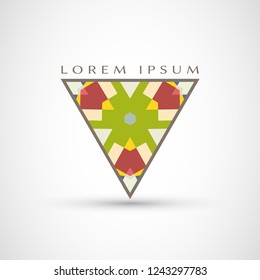 Abstract geometric company logo triangle, arrow icon. Business symbol emblem, label. Isolated triangle element. Vector ornament, simple pattern 