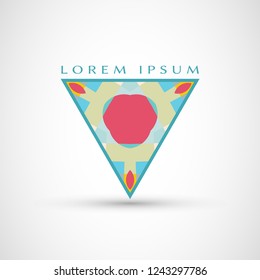 Abstract geometric company logo triangle, arrow icon. Business symbol emblem, label. Isolated triangle element. Vector ornament, simple pattern 