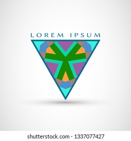 Abstract geometric company logo triangle, arrow icon. Business symbol emblem, label. Isolated triangle element. Vector ornament, simple pattern 