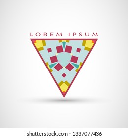 Abstract geometric company logo triangle, arrow icon. Business symbol emblem, label. Isolated triangle element. Vector ornament, simple pattern 