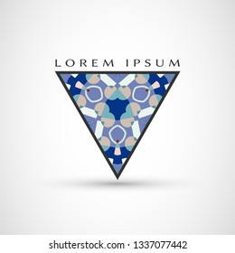 Abstract geometric company logo triangle, arrow icon. Business symbol emblem, label. Isolated triangle element. Vector ornament, simple pattern 